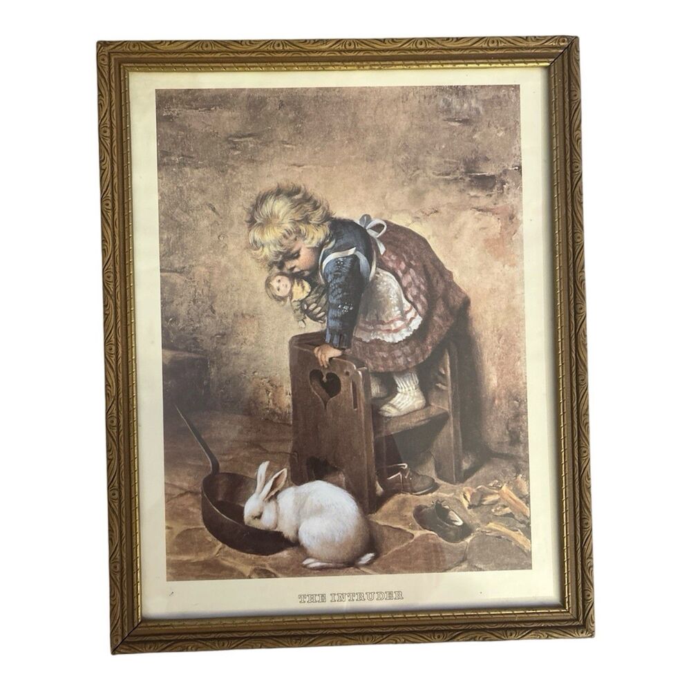 “The Intruder” VTG Large 20x 15.5  Framed Lithograph Print Little Girl &Bunny
